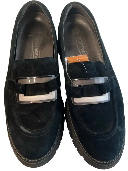 Softwaves Shoe Size 39 Black Suede Rubber Sole Chunky Square Detail Loafer Shoes