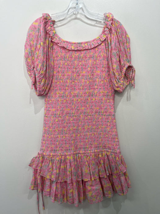 Loveshackfancy Size M Pink Yellow Blue & Green Cotton Smocked Wide Neck Dress