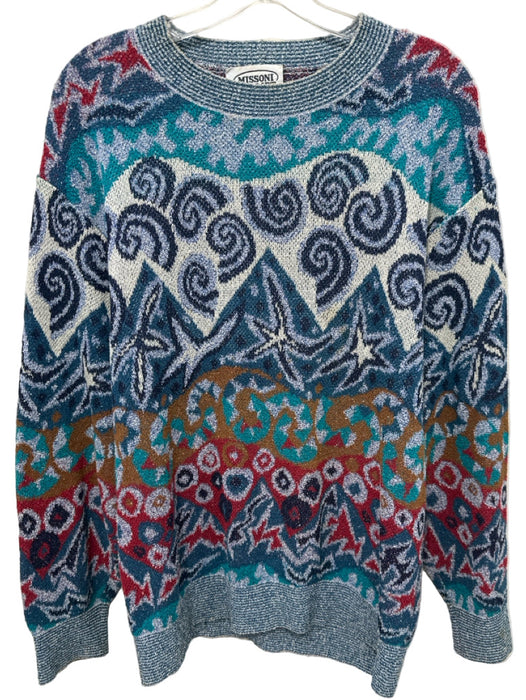Missoni Size Est L Blue & White Cotton Blend Abstract Crew Men's Sweater