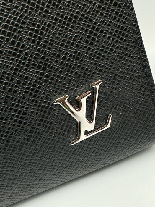 Louis Vuitton Black Taiga Leather Zip Top Silver Logo Clutch Card Slots Bag