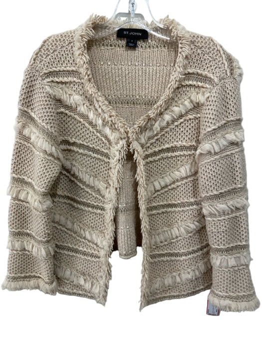 St John Size 4 Beige Wool Blend Fringe Trim Hook & Eye Cardigan