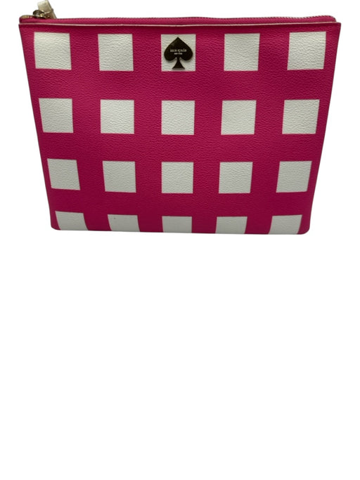 Kate Spade Pink & White Leather Zip Close Gingham Clutch Pink & White