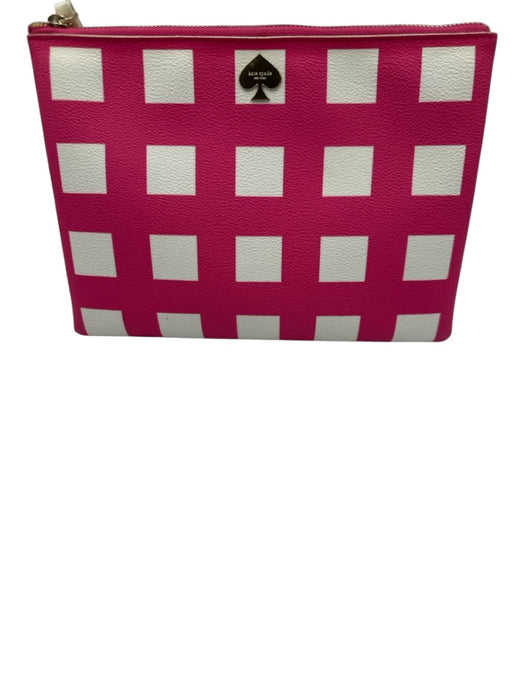 Kate Spade Pink & White Leather Zip Close Gingham Clutch Pink & White