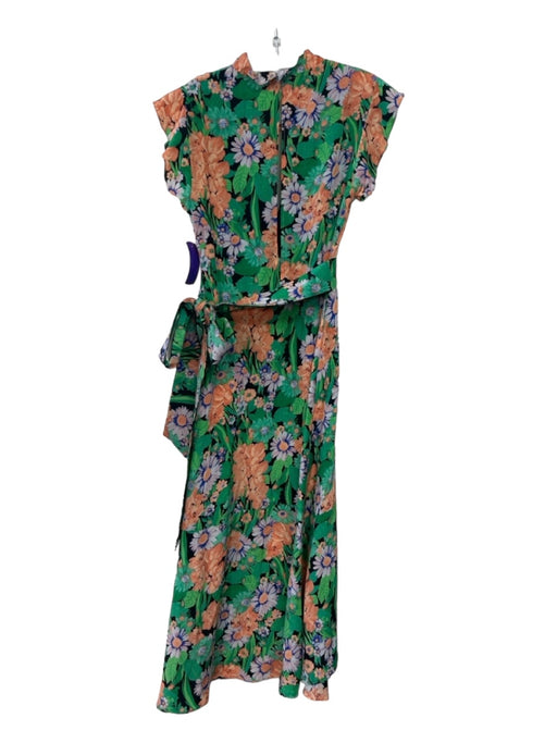 Sandro Size XS/36 Green, Orange & multi Silk V Neck Floral Print Sash Inc Dress Green, Orange & multi / XS/36