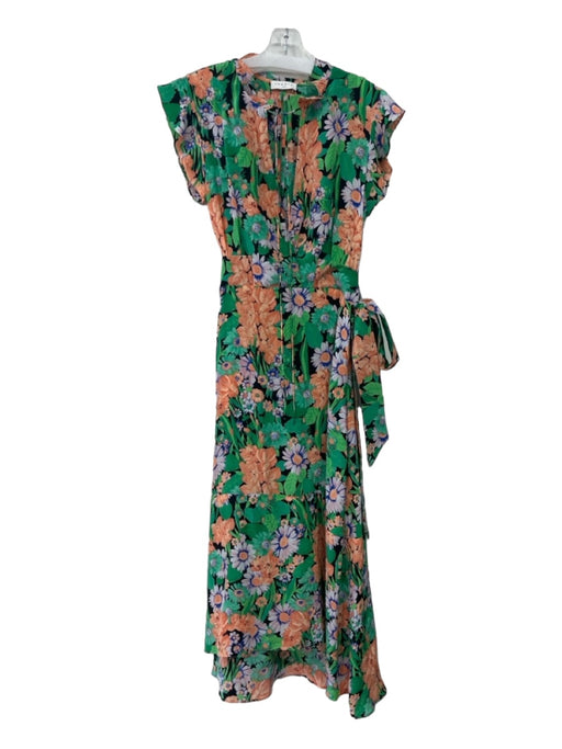 Sandro Size XS/36 Green, Orange & multi Silk V Neck Floral Print Sash Inc Dress Green, Orange & multi / XS/36