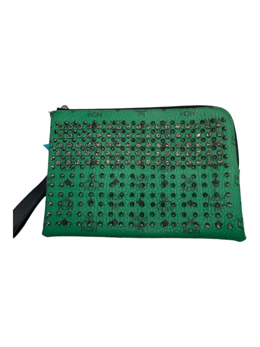 MCM Green & Black Leather Studded Rhinestone Top Zip Wristlet Clutch Green & Black