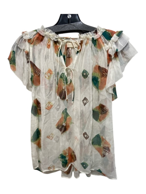 Ulla Johnson Size 2 White, Orange, Green Silk Sheer Ruffle Cap Sleeve Top White, Orange, Green / 2