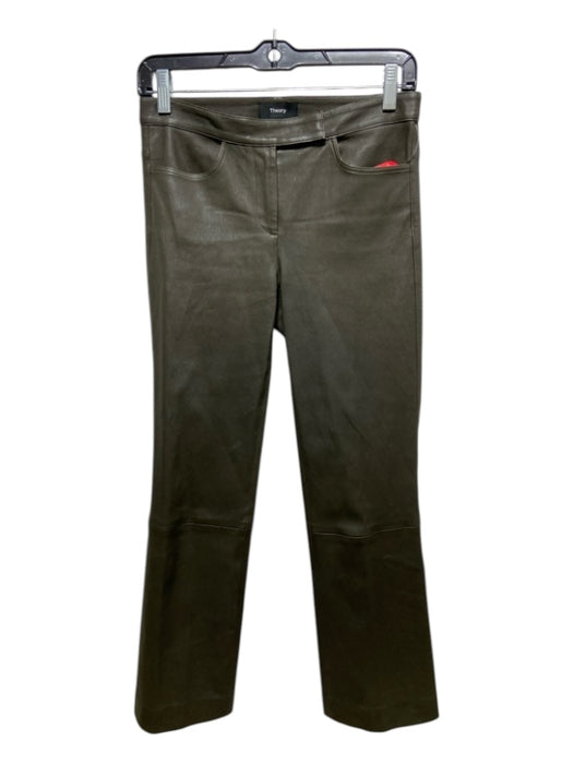 Theory Size 00 Dark Olive Green Lamb leather Hook & Zip Slim Straight Leg Pants Dark Olive Green / 00