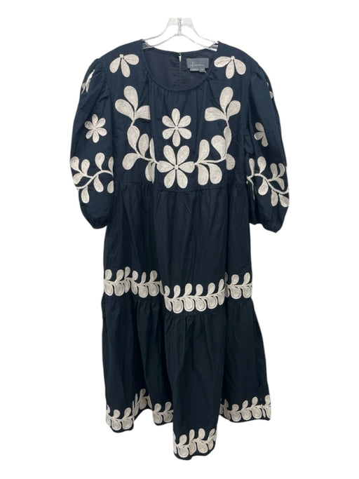 By Anthropologie Size S Navy blue & Cream Cotton Maxi Short Puff Sleeve Dress Navy blue & Cream / S