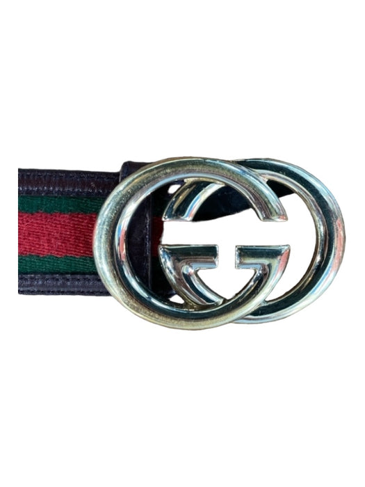 Gucci Brown, Red & Green Leather & Fabric Stripe Logo Gold Hardware Belts Brown, Red & Green / 30