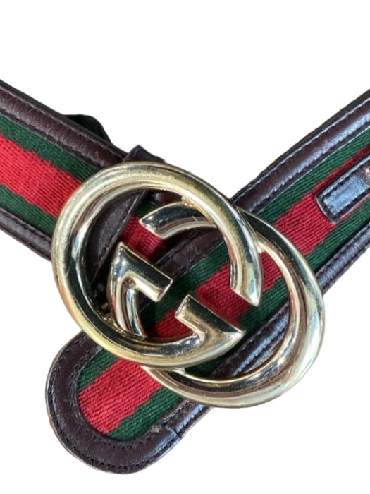 Gucci Brown, Red & Green Leather & Fabric Stripe Logo Gold Hardware Belts Brown, Red & Green / 30