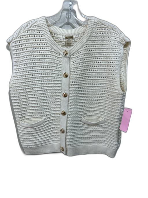 Magaschoni Size S/P Cream Cotton Open Knit Gold Button Detail Pockets Sweater Cream / S/P