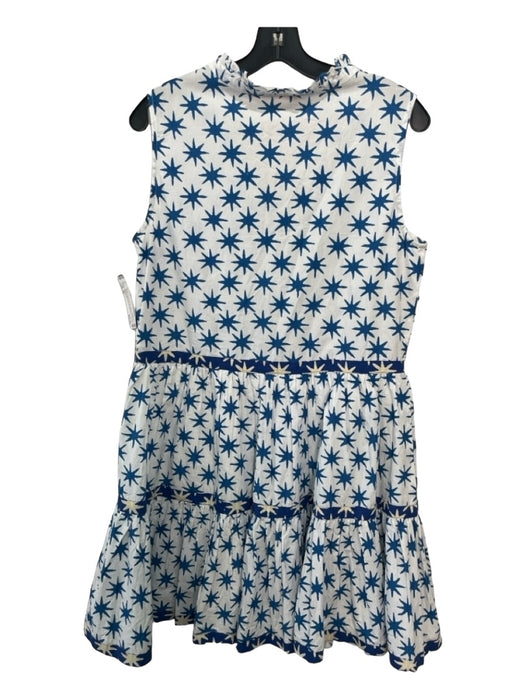 Oliphant Size M White & Navy Cotton Star Print Round Split Neck Sleeveless Dress White & Navy / M