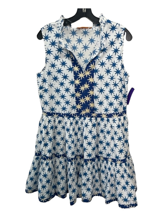 Oliphant Size M White & Navy Cotton Star Print Round Split Neck Sleeveless Dress White & Navy / M