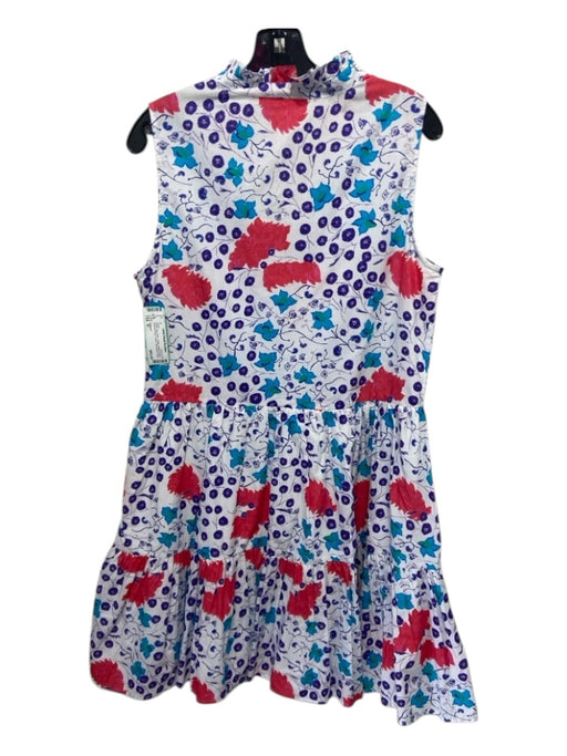 Oliphant Size M White, Blue, Pink Cotton Ruffle Accent Abstract Floral Dress White, Blue, Pink / M