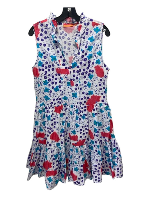 Oliphant Size M White, Blue, Pink Cotton Ruffle Accent Abstract Floral Dress White, Blue, Pink / M