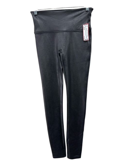 Spanx Size M Black Polyester Blend Coated Metallic Wide Waist Band Leggings Black / M