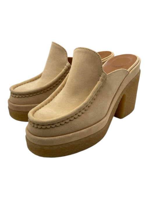 Chloe Shoe Size 39 Biscotti Beige Suede Upper Rubber Sole Solid Block Heel Mules Biscotti Beige / 39