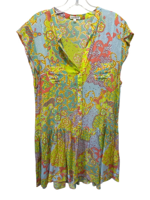 Poupette St. Barth Size Medium Blue, Green, Orange Rayon Ruffle Cap Sleeve Dress Blue, Green, Orange / Medium