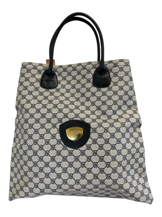 Gucci Beige & Navy Blue Coated Canvas & Leather Open Top Guccissima Bag Beige & Navy Blue / L