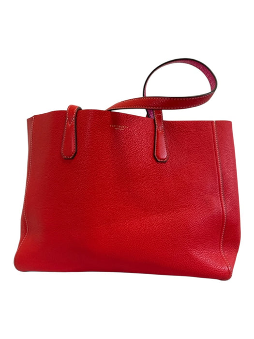 Tory Burch Red & Pink Pebble Leather Top Handles Color Block Reversible Tote Bag Red & Pink / M