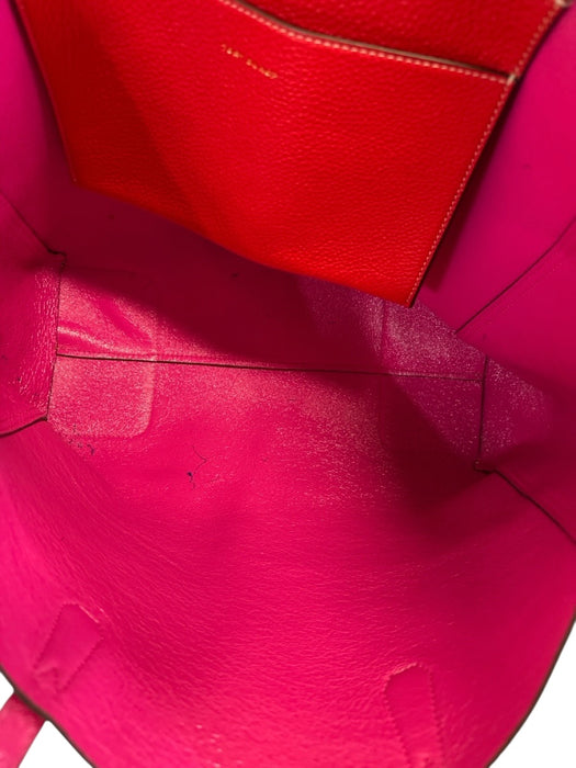 Tory Burch Red & Pink Pebble Leather Top Handles Color Block Reversible Tote Bag Red & Pink / M
