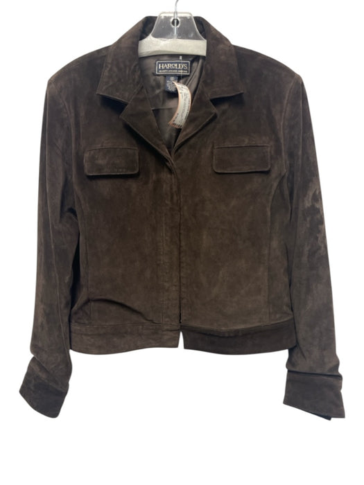 Harold's Size 8 Dark Brown Suede leather Hook & Eye Collar Flap Pockets Jacket Dark Brown / 8