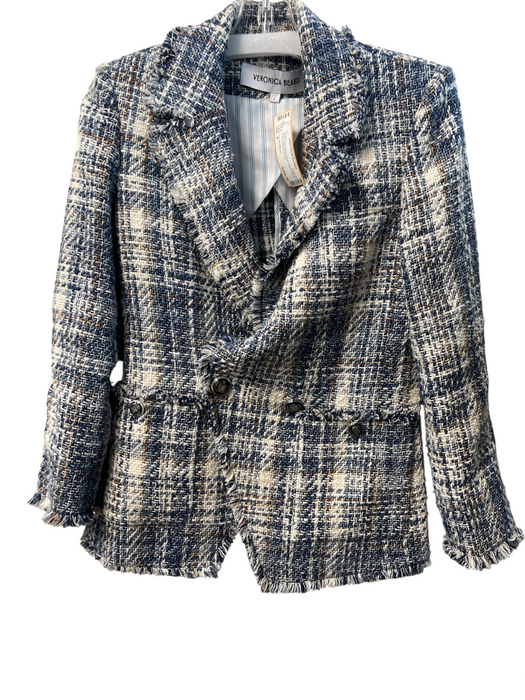 Veronica Beard Size 4 Blue Cotton Blend Tweed Blazer Silver Buttons Jacket Blue / 4