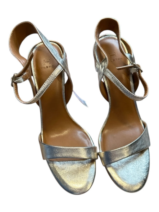 Halston Shoe Size 7 Gold Leather Metallic Stiletto Ankle Strap Sandals Gold / 7