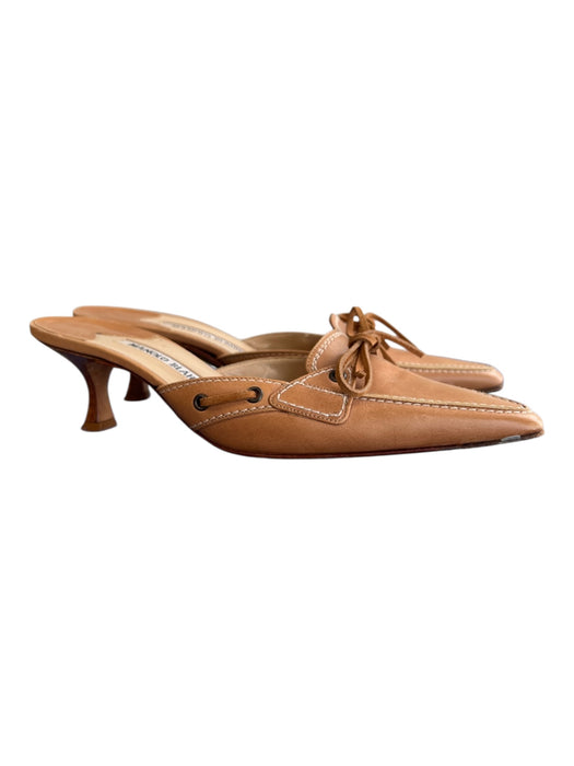Manolo Blahnik Shoe Size 36.5 Tan Leather Pointed Toe Bow Tie Mule Shoes Tan / 36.5