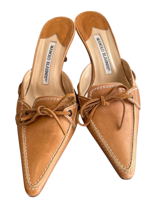 Manolo Blahnik Shoe Size 36.5 Tan Leather Pointed Toe Bow Tie Mule Shoes Tan / 36.5