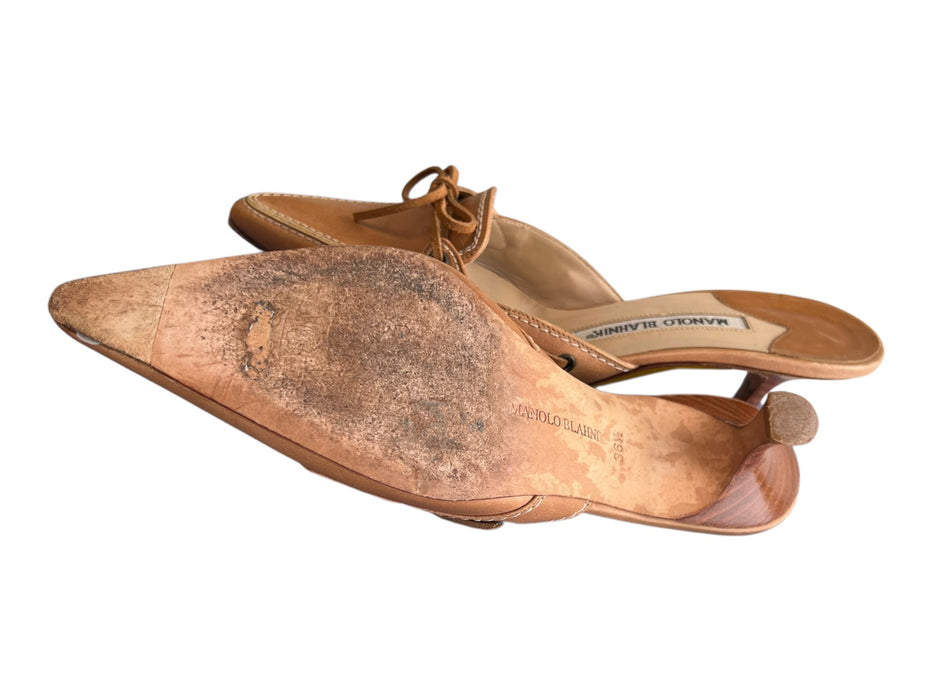 Manolo Blahnik Shoe Size 36.5 Tan Leather Pointed Toe Bow Tie Mule Shoes Tan / 36.5
