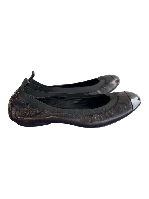 Chanel Shoe Size 36 Black Leather Patent Leather Toe Cap Flat Ballerina Shoes Black / 36
