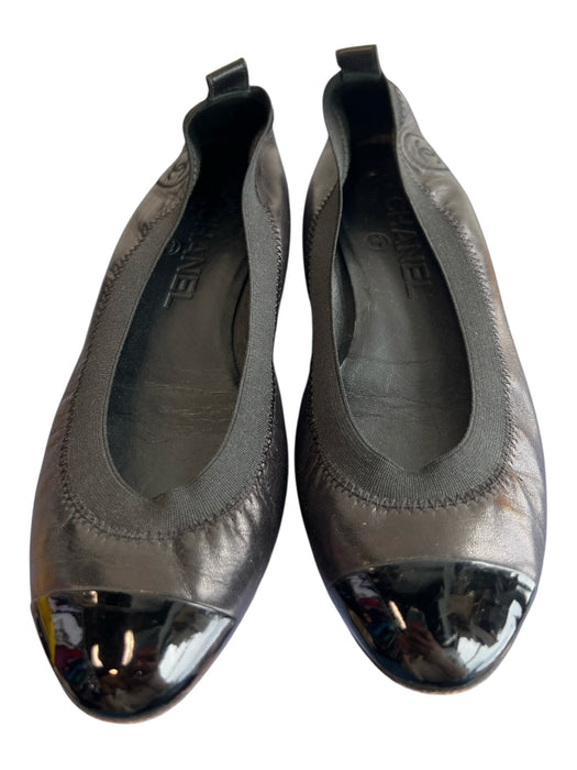 Chanel Shoe Size 36 Black Leather Patent Leather Toe Cap Flat Ballerina Shoes Black / 36