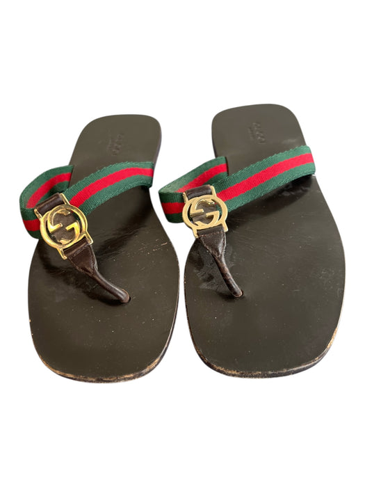 Gucci Shoe Size 36 Red & green Leather Canvas Gold Logo Flat Sandal Shoes Red & green / 36