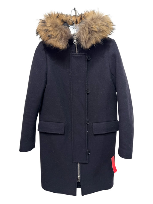 Sandro Size S Black & Brown Virgin Wool Blend Racoon Trim Zip Up Coat Black & Brown / S