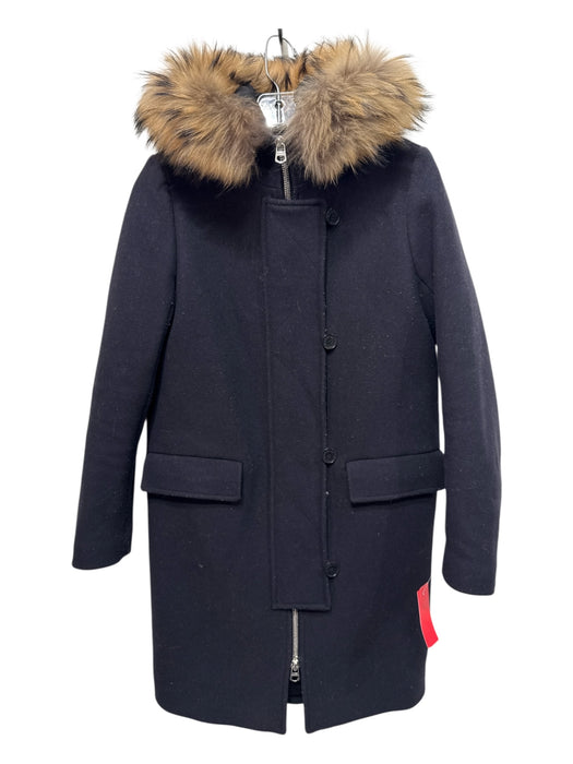 Sandro Size S Black & Brown Virgin Wool Blend Racoon Trim Zip Up Coat Black & Brown / S