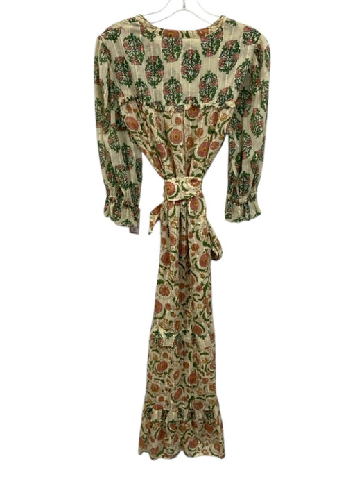 Zara Size M Yellow, Green, Pink Cotton Semi Sheer Floral Puff Sleeve Maxi Dress Yellow, Green, Pink / M