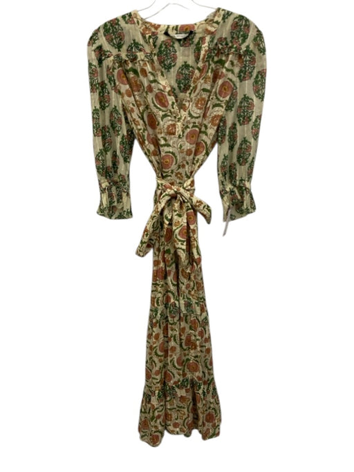 Zara Size M Yellow, Green, Pink Cotton Semi Sheer Floral Puff Sleeve Maxi Dress Yellow, Green, Pink / M