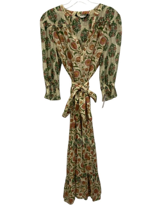 Zara Size M Yellow, Green, Pink Cotton Semi Sheer Floral Puff Sleeve Maxi Dress Yellow, Green, Pink / M