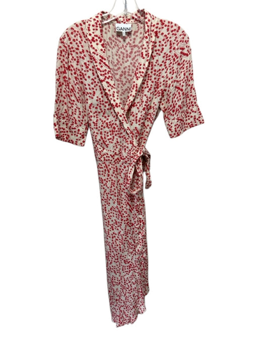 Ganni Size S Cream White & Red Viscose Floral & Leaf Print Short Sleeve Dress Cream White & Red / S