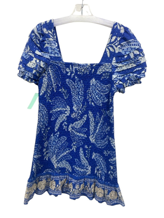 Farm Rio Size M Blue & White Cotton Smocked Abstract Print Ruffle Trim Dress Blue & White / M