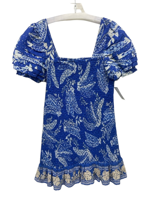 Farm Rio Size M Blue & White Cotton Smocked Abstract Print Ruffle Trim Dress Blue & White / M