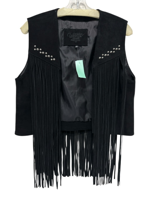 Western and Co. Size M Black Suede Studded Fringe Open Front Vest Black / M
