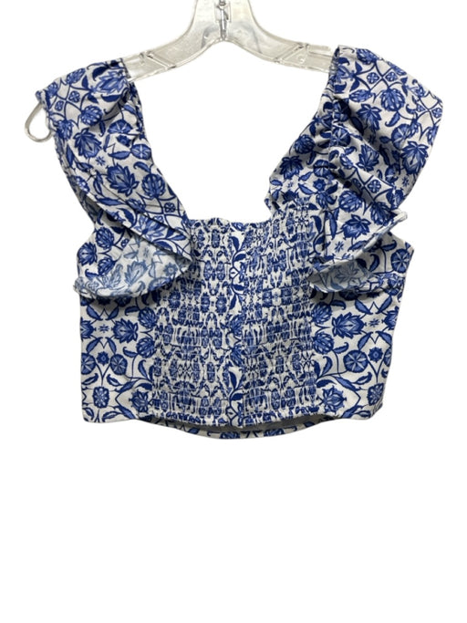 Cara Cara Size M White & Blue Cotton Floral & Leaf Print Ruffle Straps Top White & Blue / M