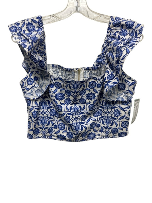 Cara Cara Size M White & Blue Cotton Floral & Leaf Print Ruffle Straps Top White & Blue / M