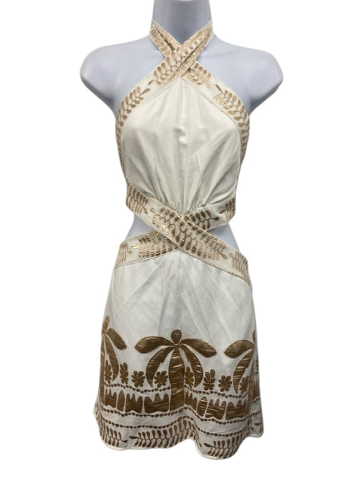 Lace Size M White & Gold Viscose Blend Tie Back Halter metallic embroidery Dress White & Gold / M