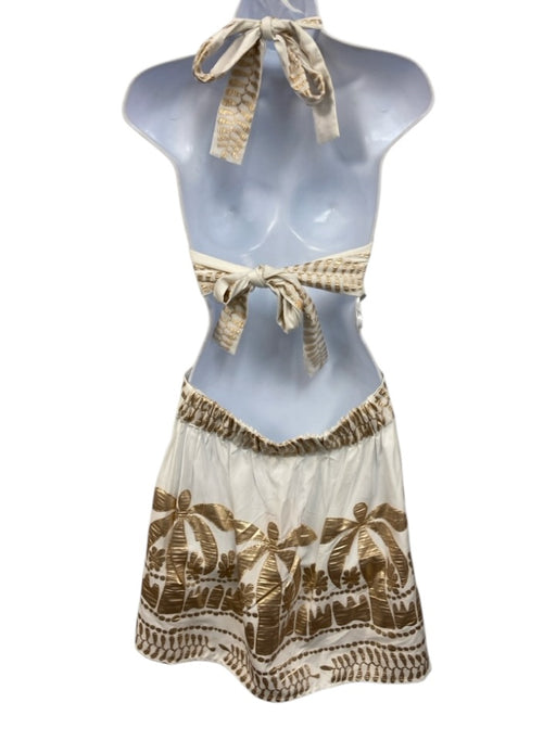 Lace Size L White & Gold Viscose Blend Tie Back Halter metallic embroidery Dress White & Gold / L