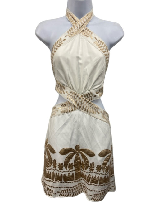 Lace Size L White & Gold Viscose Blend Tie Back Halter metallic embroidery Dress White & Gold / L