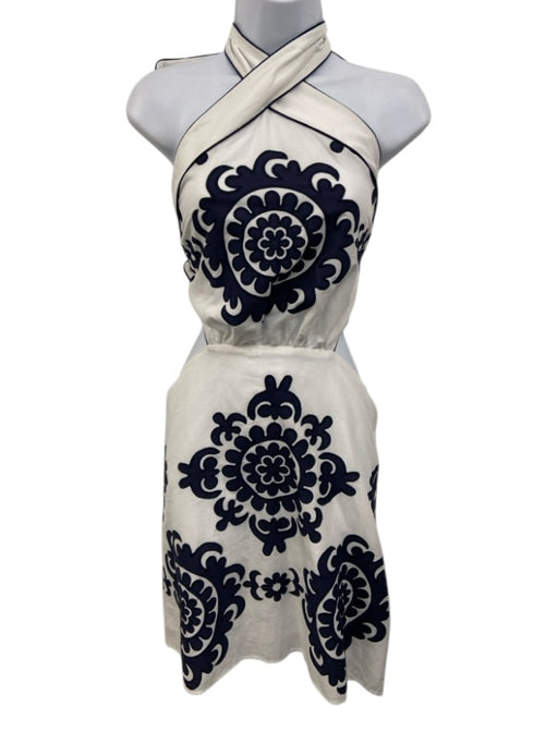 Lace Size L White & Navy Blue No Fabric Tag Tie Back Halter Open Back Dress White & Navy Blue / L